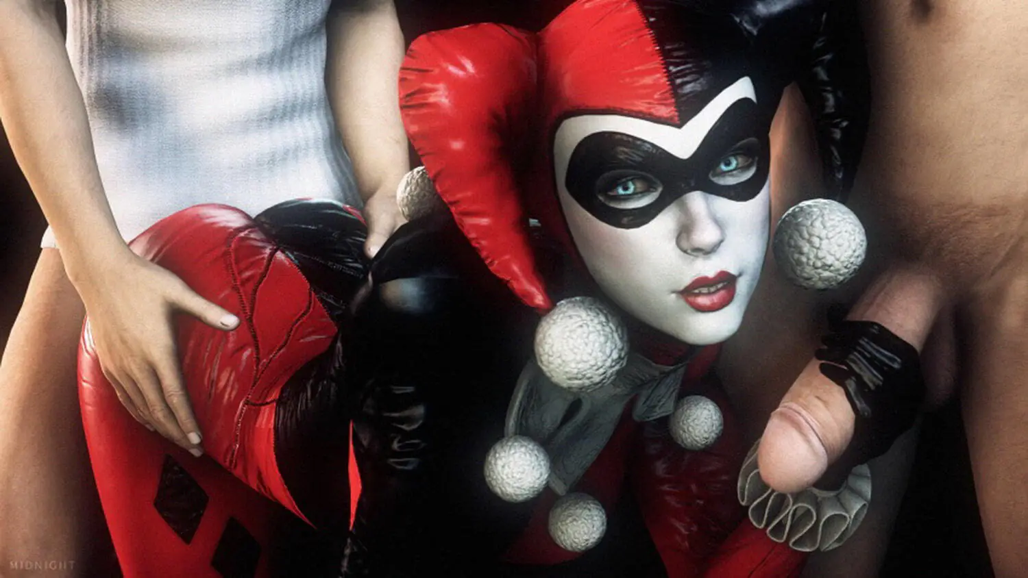 Harleen Quinzel and Harley Quinn Penis Handjob