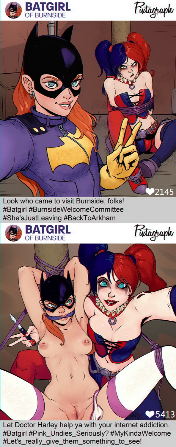 Harley Quinn and Batgirl Gagged Bondage Tits Busty Selfie Mouth Gag