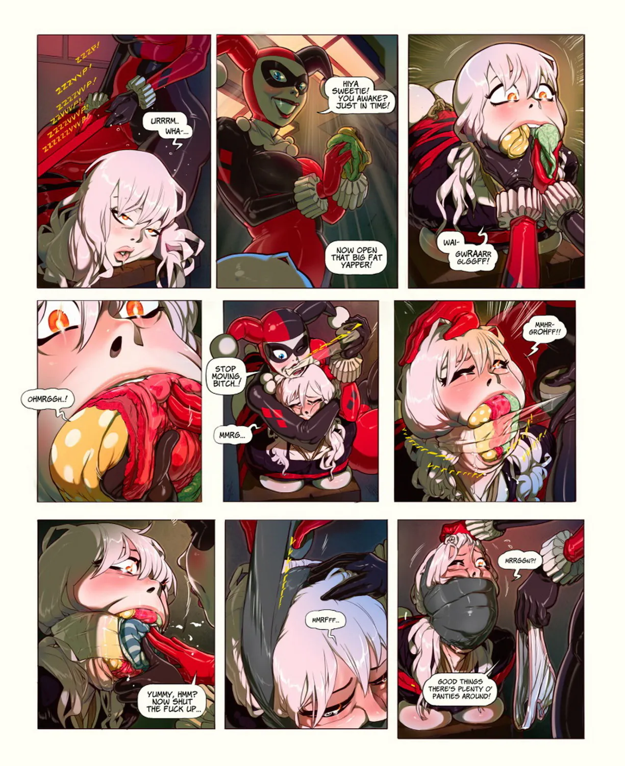 Harley Quinn and Harleen Quinzel Yuri Gagged Female Only Femdom