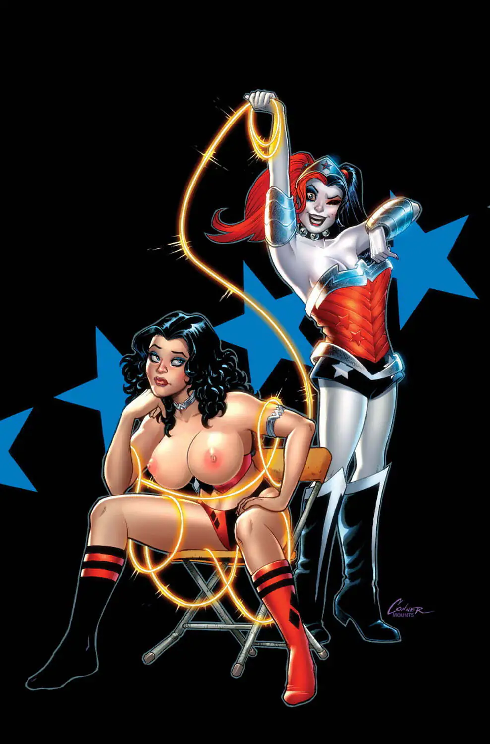 Harley Quinn and Wonder Woman Bondage Nipples Panties Legs Tits