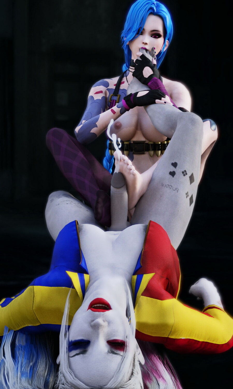 Jinx (League Of Legends) and Harley Quinn Cumshot Futanari