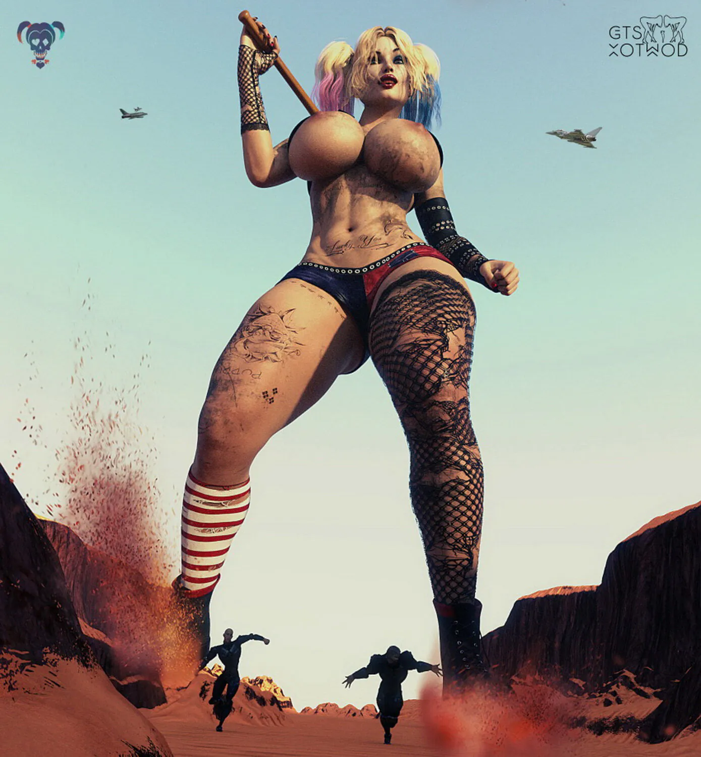 Killer Croc and Harley Quinn Busty Giantess Fishnet Stockings
