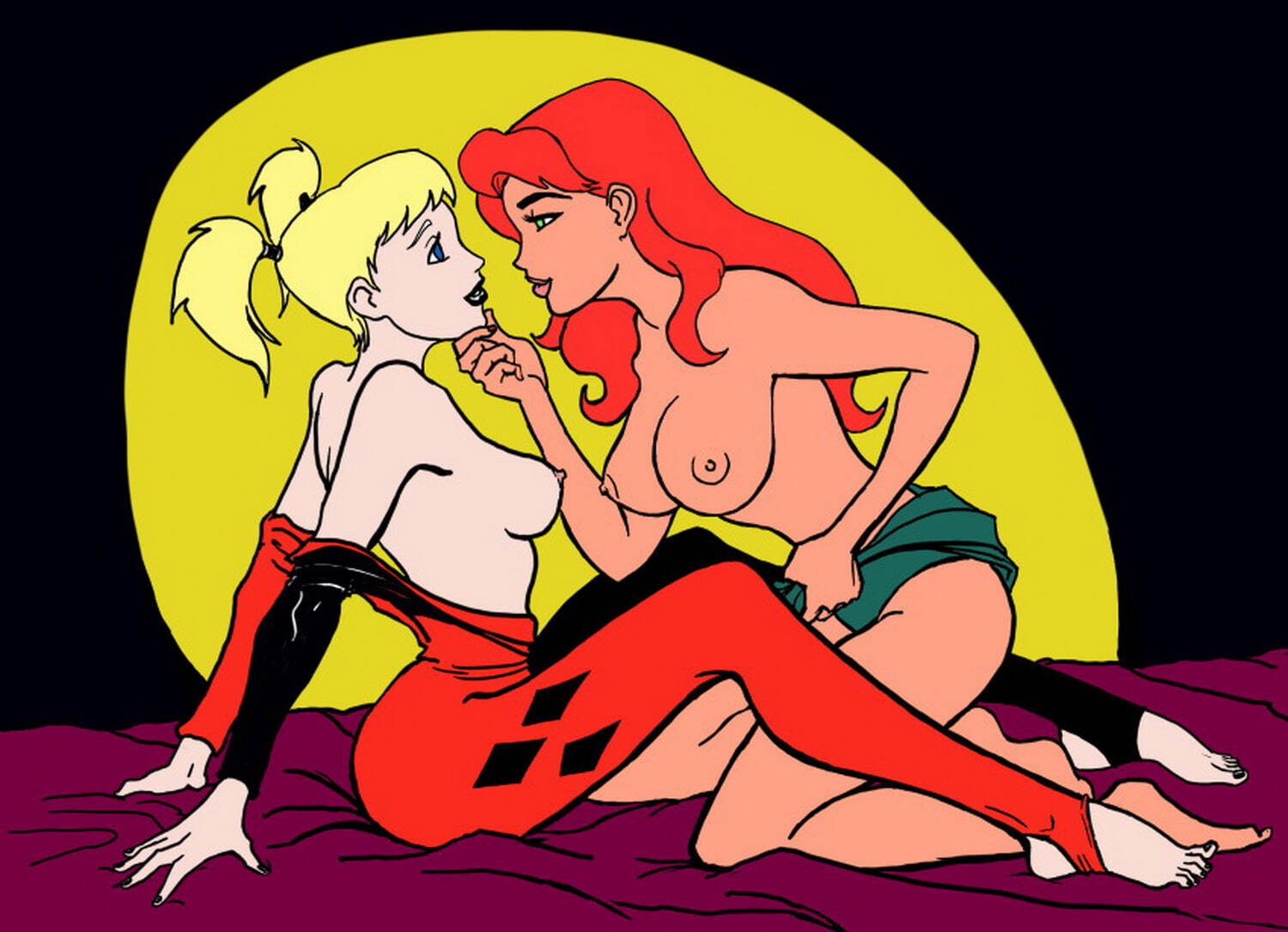 Poison Ivy and Harley Quinn Yuri Topless Blonde Female Only Tits