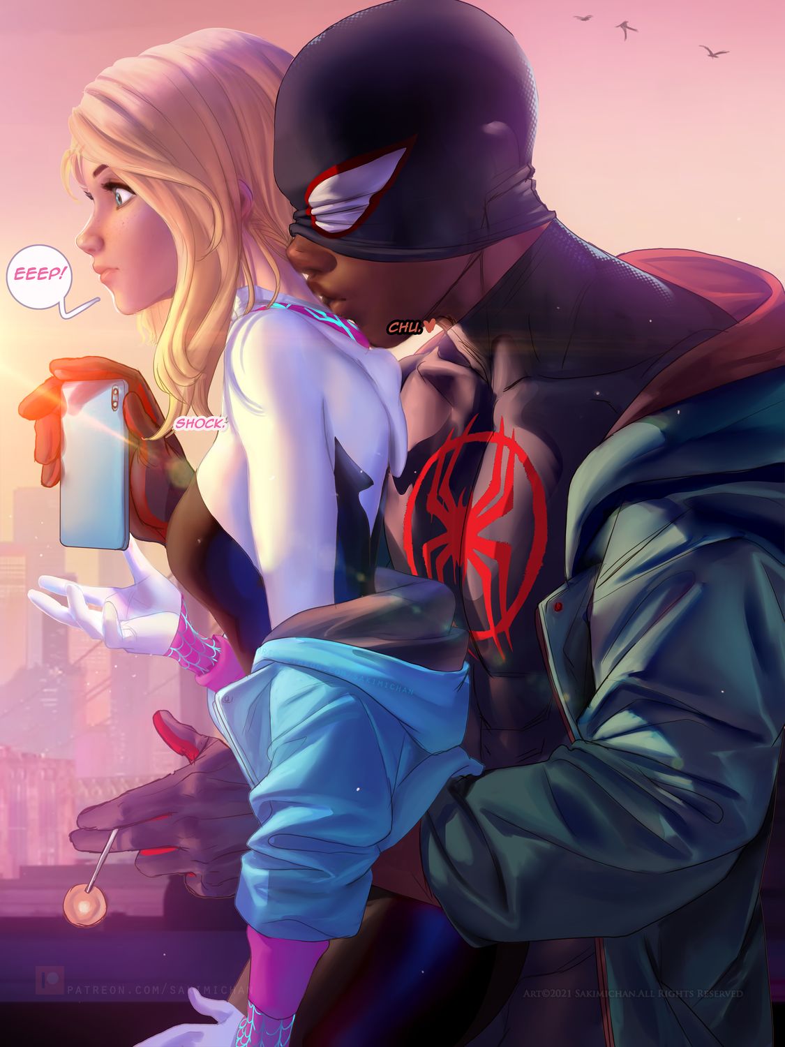 Gwen Stacy and Miles Morales Interracial Dark Skin Blonde Parody