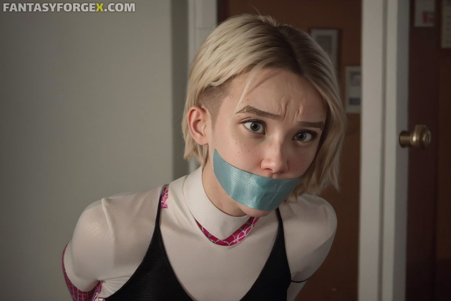 Gwen Stacy and Spider-Gwen Superheroine Bondage Nude Blonde Gagged