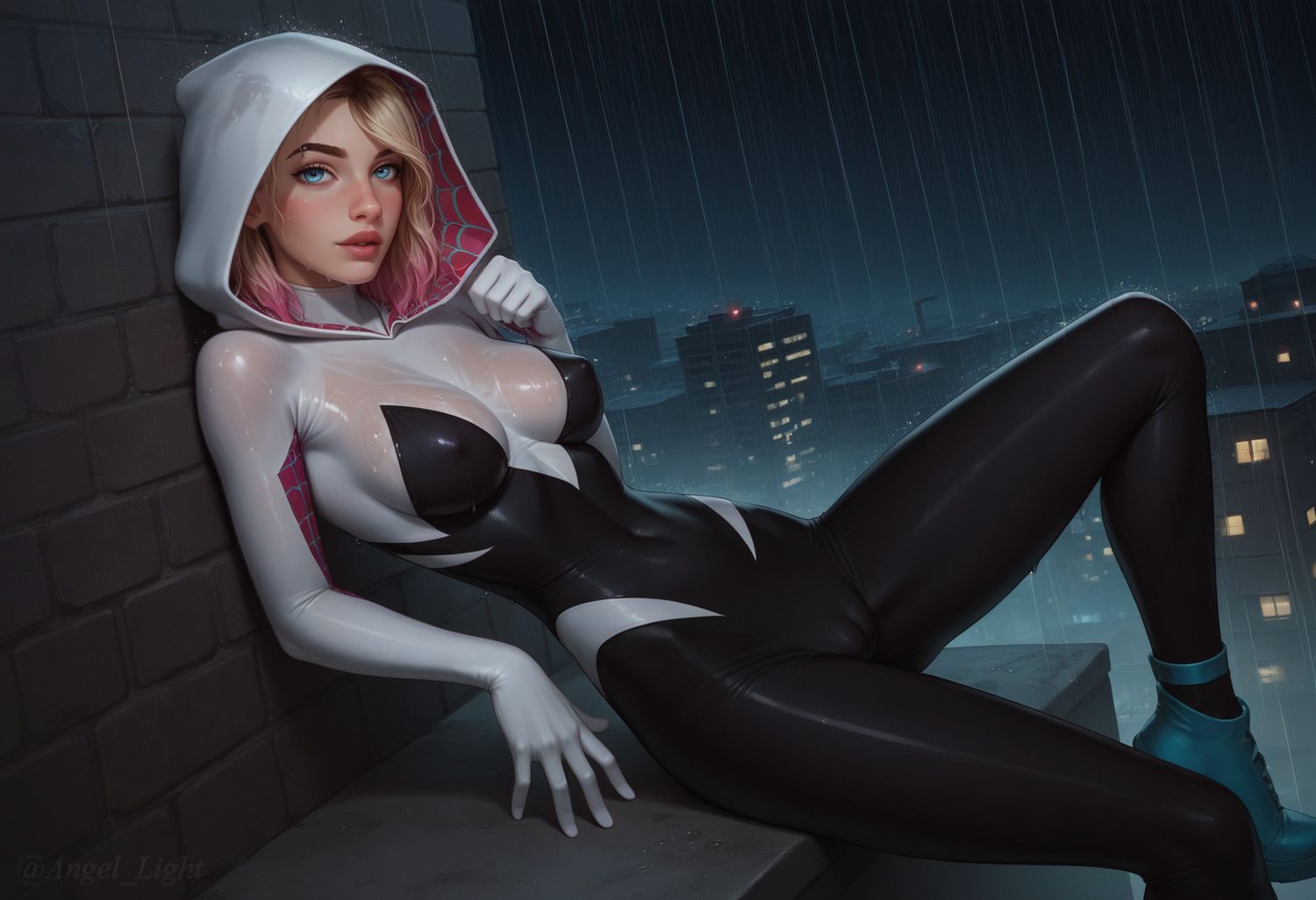 Spider-Gwen and Gwen Stacy Blonde Wet Famous