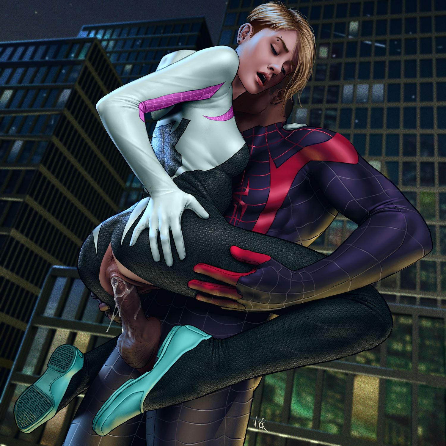 Spider-Gwen and Spider-Man Interracial Cum Inside Dark Skin