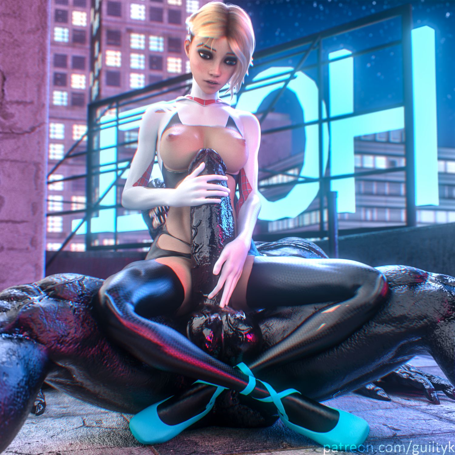 Spider-Gwen and Venom Tits Penis Muscular Female Blonde Veiny Penis