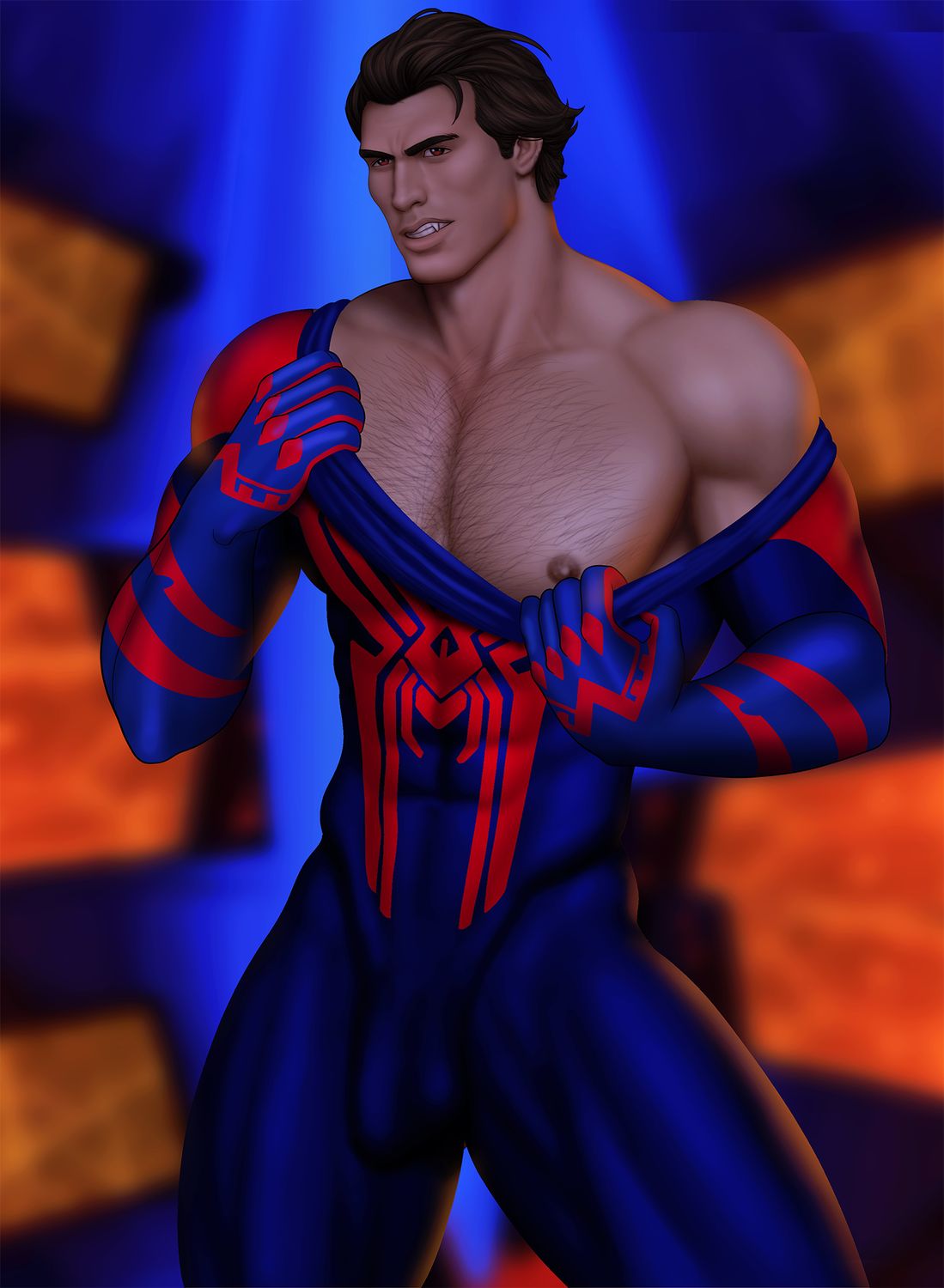 Spider-Man and Miguel O’Hara Dark Skin Hairy Chest Muscular