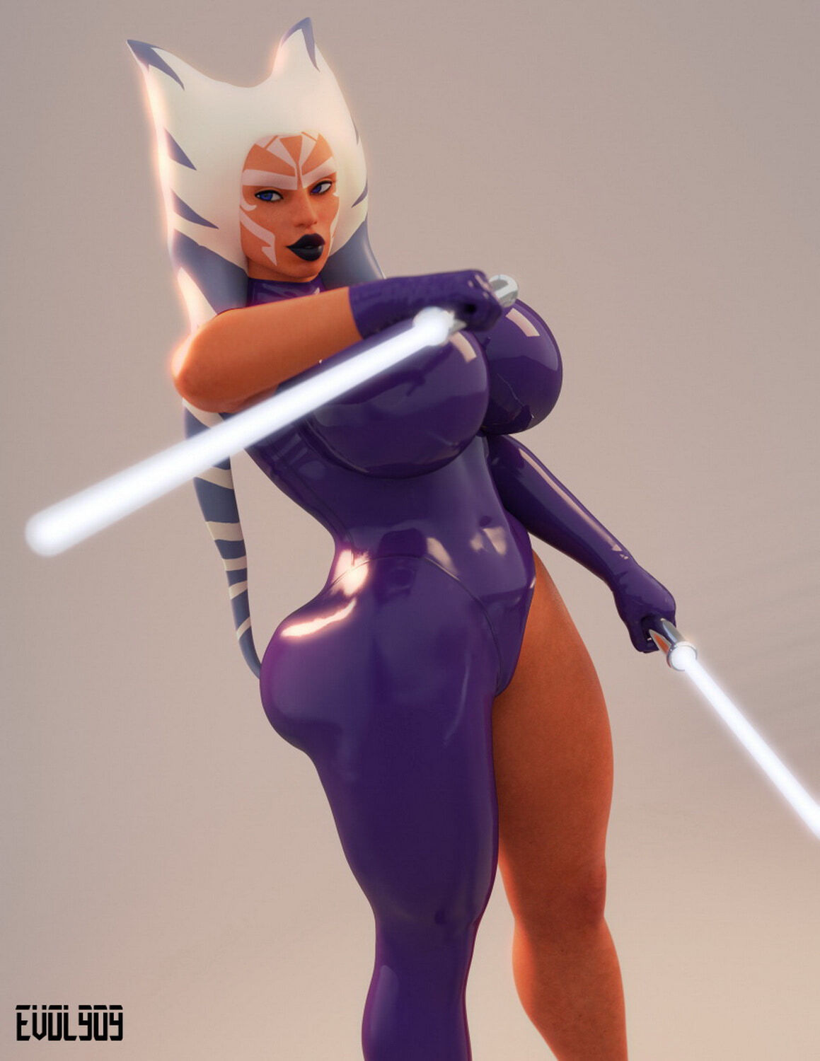 Ahsoka Tano and Jedi Solo Alien Posing Busty Female Only Curvy