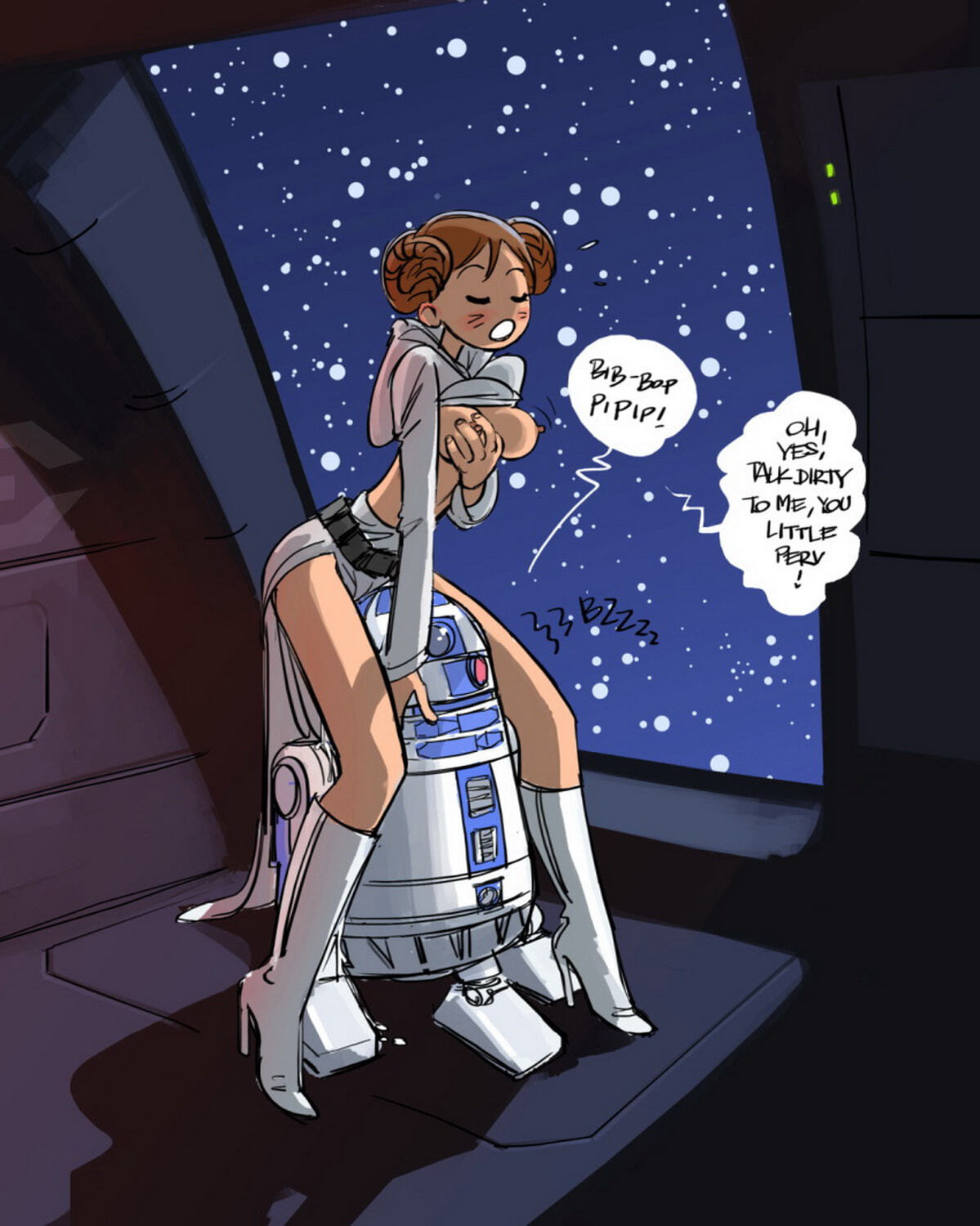 R2-D2 and Princess Leia Organa Erect Nipples Vibrator Masturbation