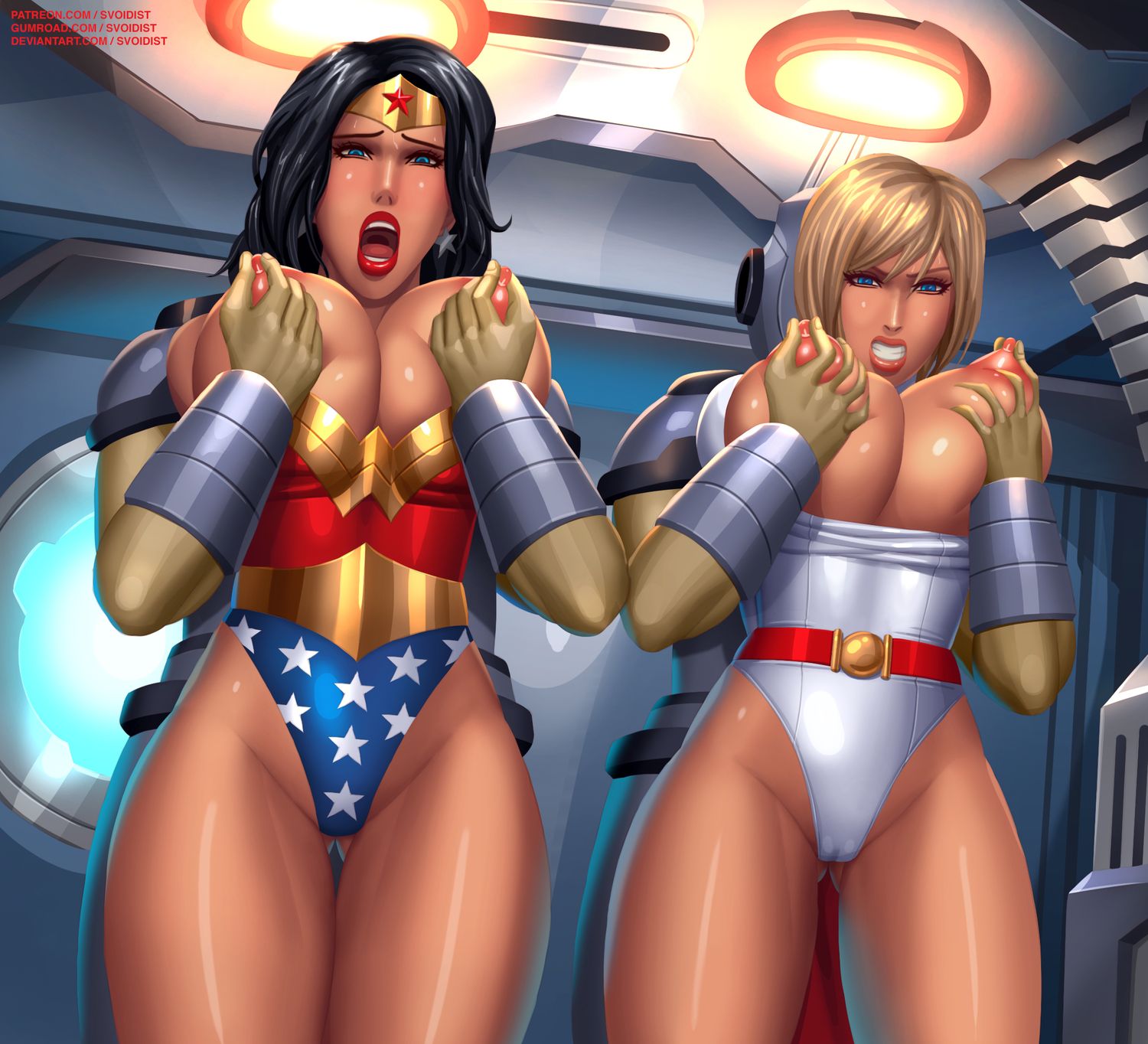 Power Girl and Diana Prince Blonde Breast Groping Submissive Female