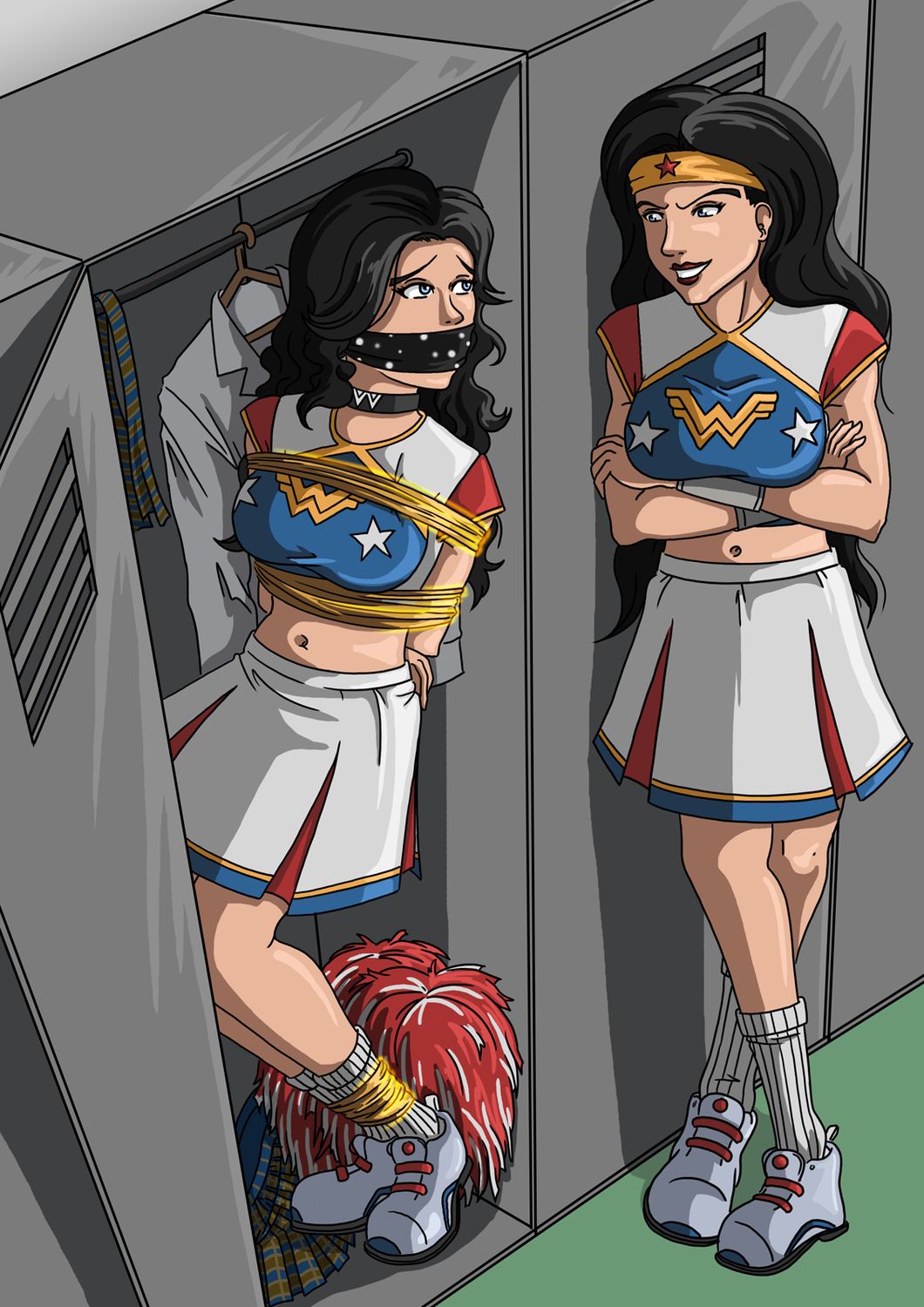 Wonder Girl and Donna Troy Rope Bondage Femdom Superheroine Gagged