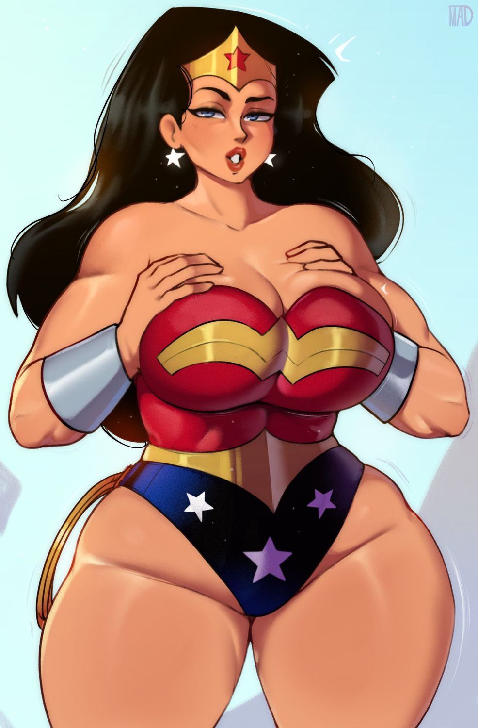 Wonder Woman and Diana Prince Hand On Breast Curvy Superheroine